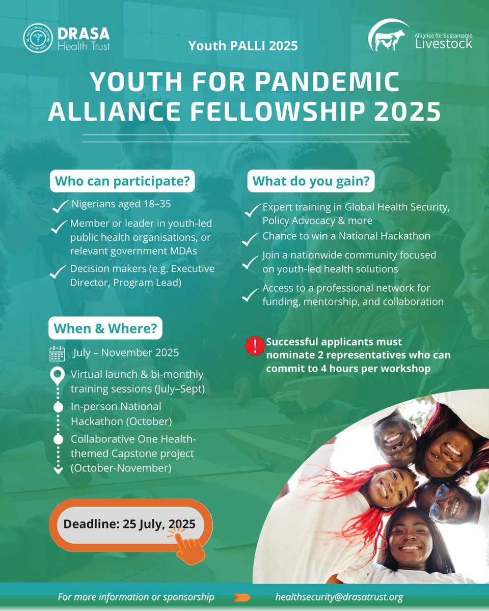 DRASA (Dr. Ameyo Stella Adadevoh) Health Trust (@drasatrust) on Twitter photo Are you a young Nigerian passionate about public health?
DRASA, in collaboration with Alliance for Sustainable Livestock, <a href="/all4livestock/">Alliance for Sustainable Livestock</a> , is organizing a five-month program focused on One Health leadership. This program will be offered both virtually and in-person for youth-led Are you a young Nigerian passionate about public health?
DRASA, in collaboration with Alliance for Sustainable Livestock, <a href="/all4livestock/">Alliance for Sustainable Livestock</a> , is organizing a five-month program focused on One Health leadership. This program will be offered both virtually and in-person for youth-led