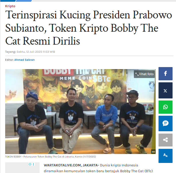 Kalo negara luar punya anjing Shiba ($DOGE), Indonesia punya BTc (Bobby The Cat). Tertarik punya tokennya? #DYOR #NFA
