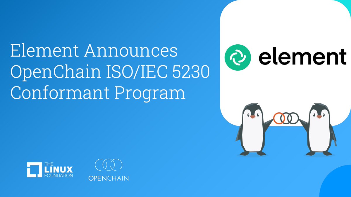 openchainproj's tweet image. Element, a decentralized and flexible communications platform built on the Matrix open standard, gives people and organizations the independence to communicate with confidence. And now the company behind it uses OpenChain ISO/IEC 5230.
Learn more:
hubs.la/Q03x0PZG0
