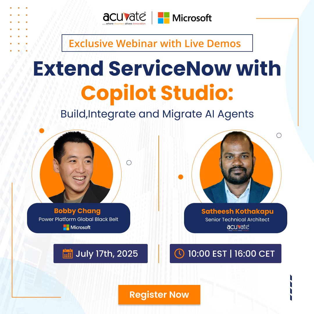 Join Microsoft and Acuvate experts for a live session on how enterprises can extend their #ServiceNow capabilities with #CopilotStudio.

🔗 Register now : hubs.li/Q03x0yn00

#ServiceNow #CopilotStudio #AI #Automation #LowCode #Webinar #Agents #Agenticai #Genai