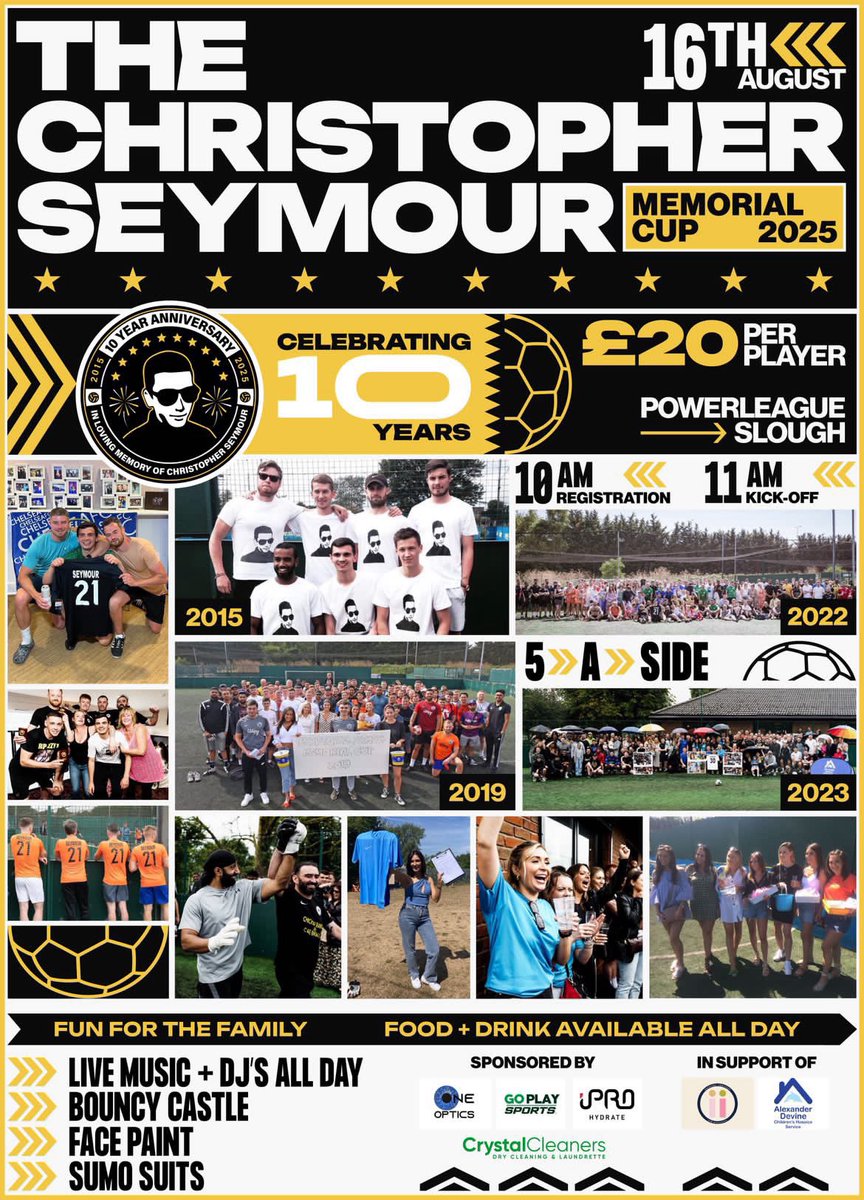 The Christopher Seymour Memorial Cup is back on August 16th at Powerleague.

5 aside tournament with maximum of 8 players. £20 per player. Raising money for great causes. 

Would love to have teams from the local grassroots scene there so message us if you are interested🟡⚫️