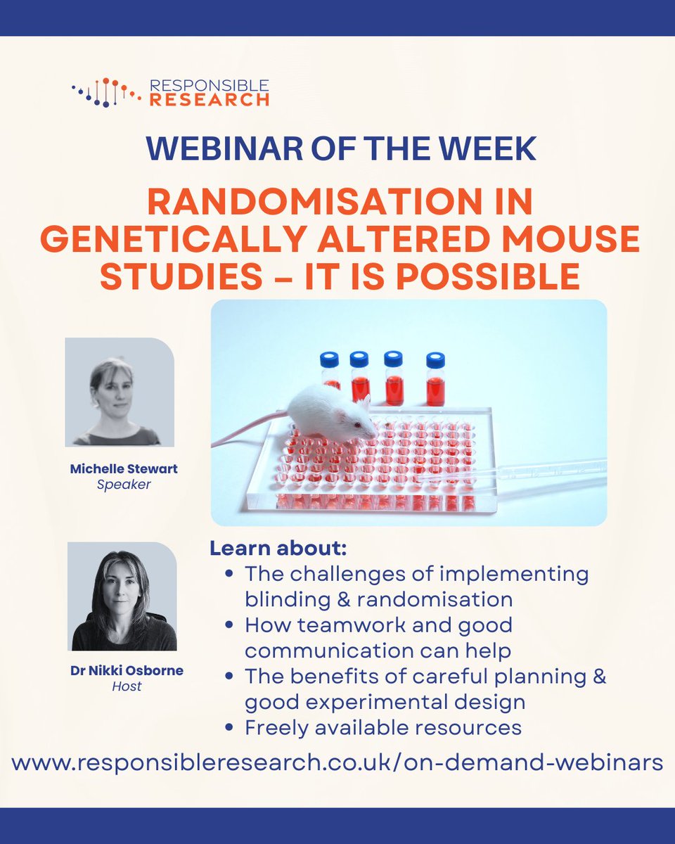 🔹 Webinar of the Week 🔹
"Randomisation in Genetically Altered Mouse Studies – It Is Possible"

👀 On-demand now: attendee.gotowebinar.com/register/41528…

Join Michelle Stewart &amp; Dr Nikki Osborne to explore how to implement randomisation to manage variation &amp; as a measure against bias.

#3Rs