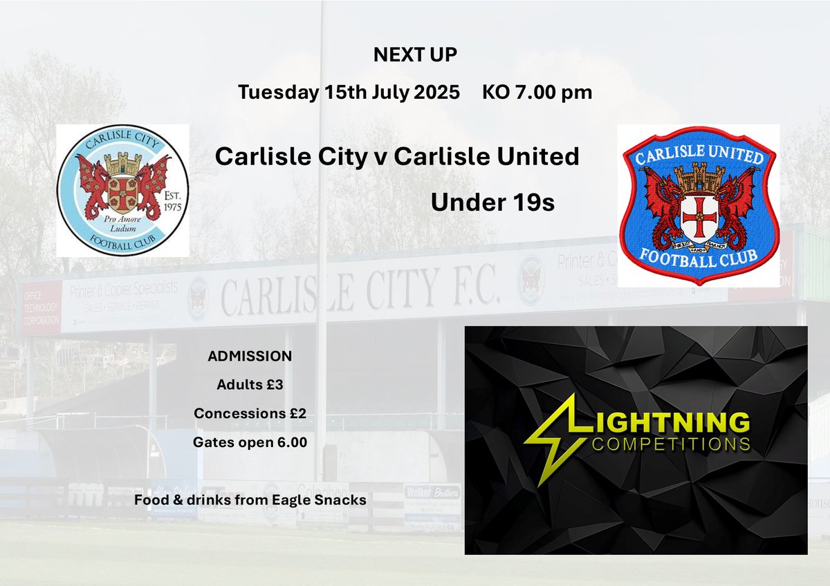Carlisle City FC Official (@carlislecityfc) on Twitter photo GAME TOMORROW v <a href="/officialcufc/">Carlisle United</a> under 19s- thanks to our sponsors Lightning Competitions. Gates open at 6.00- do come along early and park responsibly. Payment at the turnstile is cash or card. GAME TOMORROW v <a href="/officialcufc/">Carlisle United</a> under 19s- thanks to our sponsors Lightning Competitions. Gates open at 6.00- do come along early and park responsibly. Payment at the turnstile is cash or card.