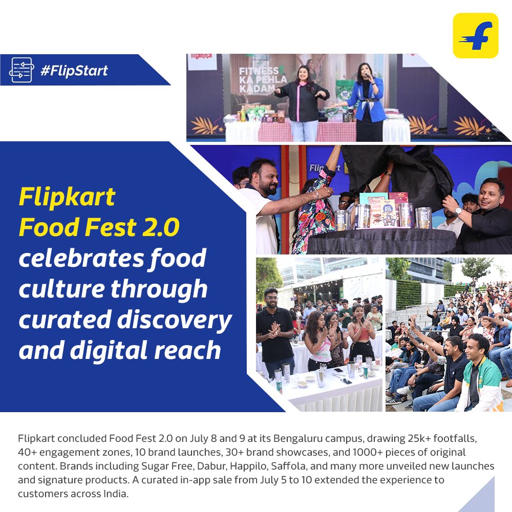 FlipkartStories's tweet image. .@Flipkart concluded Food Fest 2.0 on July 8 and 9 at its Bengaluru campus, bringing together premium brands, creators, and curated food experiences.
The event drew 25k+ footfalls, featured 40+ engagement zones, 10 brand launches, and 30+ brand showcases. Leading brands,…