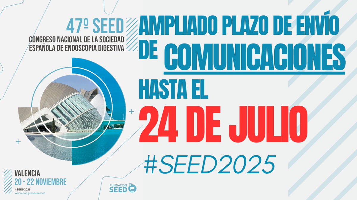 SEEDendoscopia's tweet image. 📢¡Ampliado el plazo de envío de comunicaciones al 47 Congreso Nacional de la Sociedad Española de Endoscopia Digestiva #SEED2025 hasta el 24 de julio!
📍Valencia 🌞
📅20-22 de noviembre 2025
🚀Aprovecha esta oportunidad para compartir tu trabajo con la comunidad científica🔬🧪…