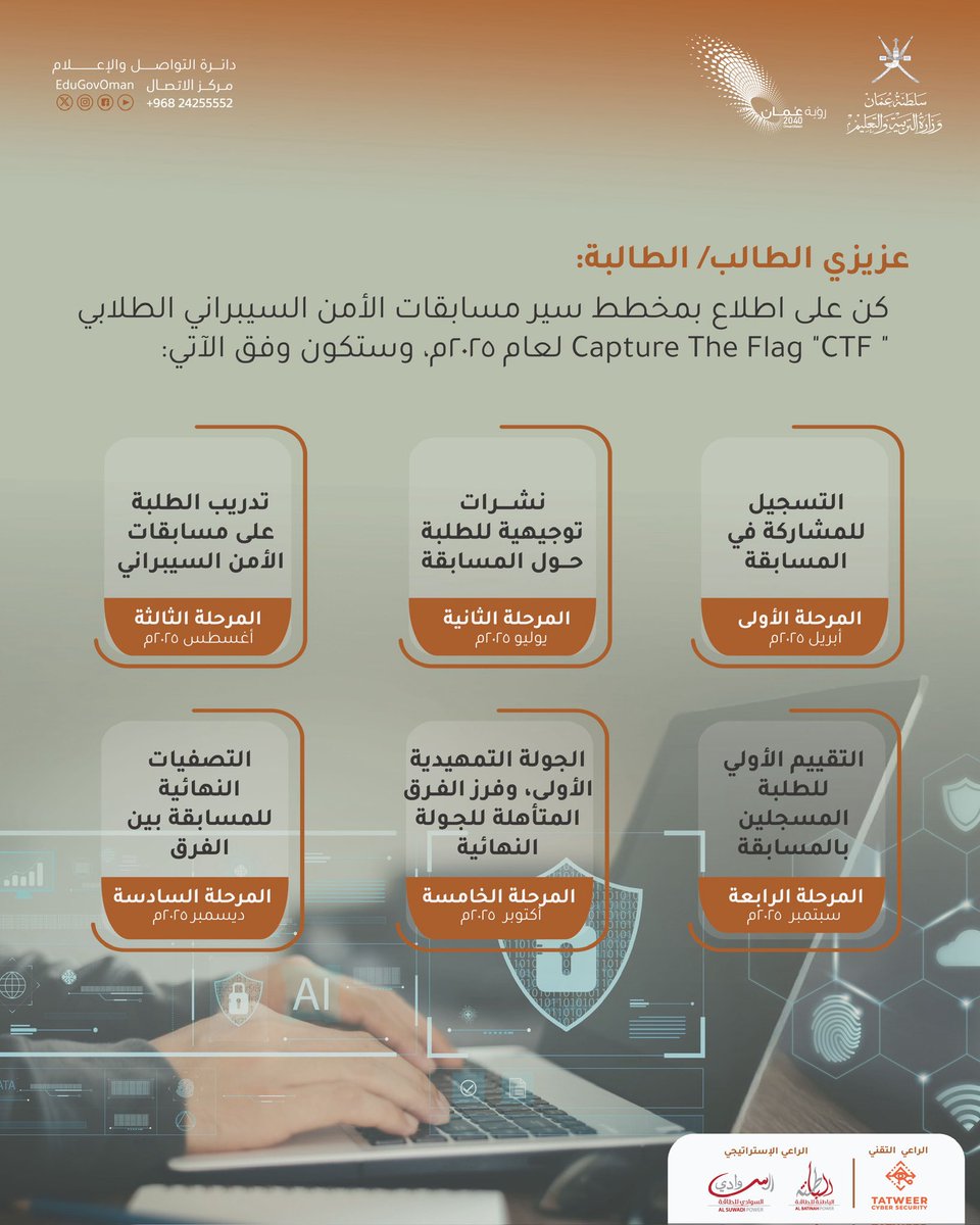 #التربية_والتعليم |

عزيزي الطالب/ الطالبة:

كن على اطلاع بمخطط سير مسابقات الأمن السيبراني الطلابي لعام ٢٠٢٥م.

#أمن_المعلومات 
#الأمان_الإلكتروني 
#تعلم_مستدام