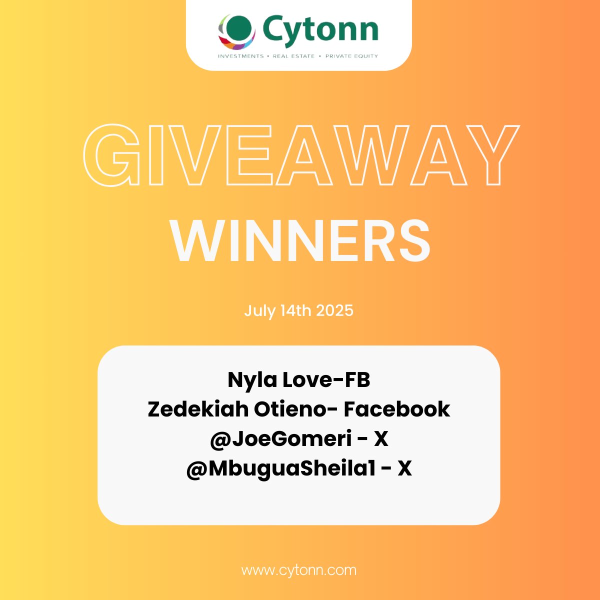 Big congratulations to the lucky winners of our recent giveaway! 🥳
📢 Please help us celebrate:

✅ Nyla Love – Facebook
✅ Zedekiah Otieno – Facebook
✅ <a href="/JoeGomeri/">Joe Gomeri</a> – X
✅ <a href="/MbuguaSheila1/">Sheila Shay</a> – X

Kindly check your inboxes — we’ve got something exciting for you! 💸