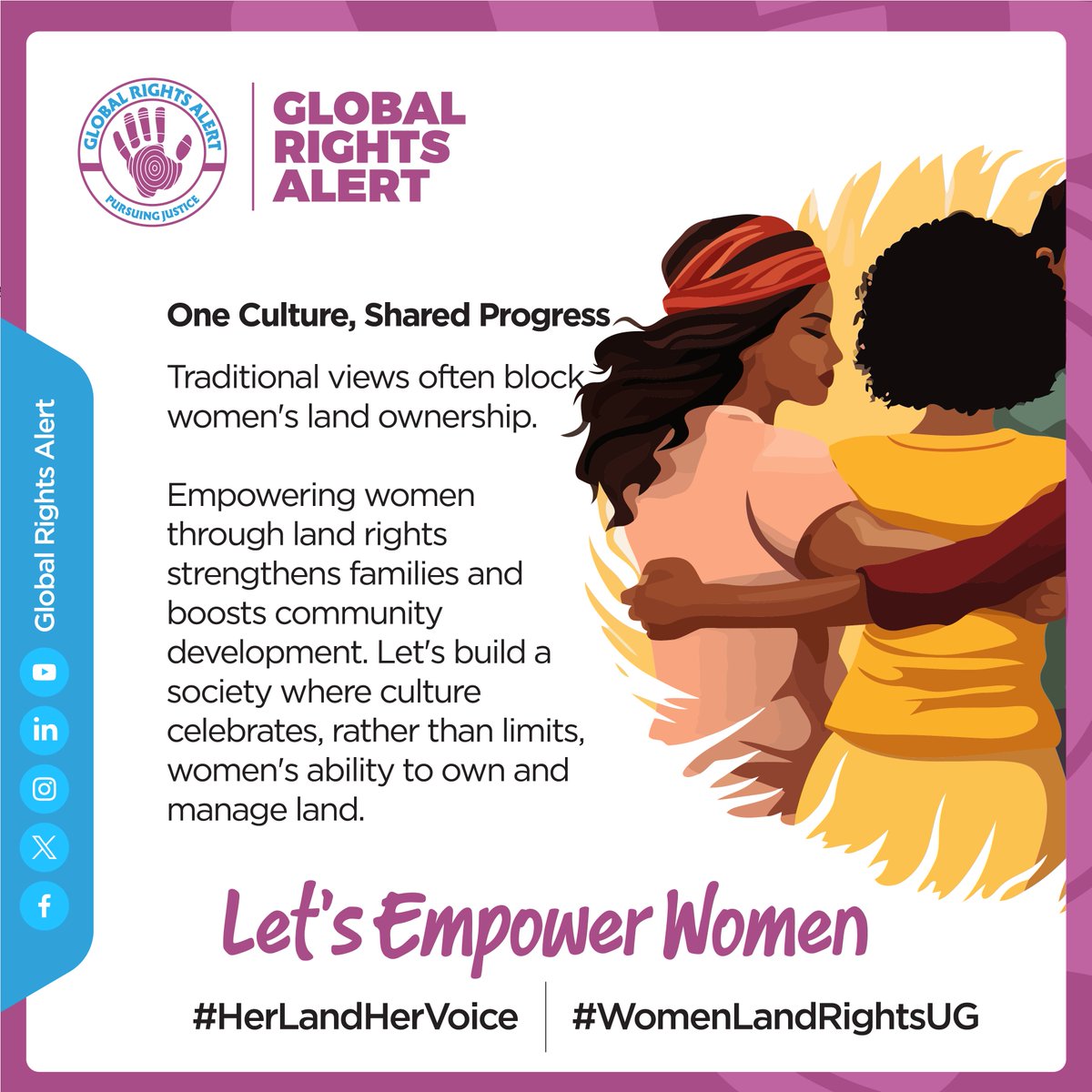 graUganda's tweet image. What do communities need for inclusive Land Rights?
A culture that empowers women to own land and participate in decisions concerning land and its use for community development. An inclusive culture = shared progress 🤝✨.
#HerLandHerVoice #ExtractivesUG #LandRightsUg