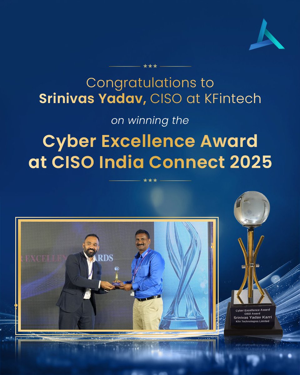 Celebrating excellence in cybersecurity!

We’re thrilled to announce that Mr. Srinivas Yadav, Chief Information Security Officer at KFintech, has been awarded the prestigious Cyber Excellence Award at CISO India Connect 2025. Presented by Executive Excellence Events in