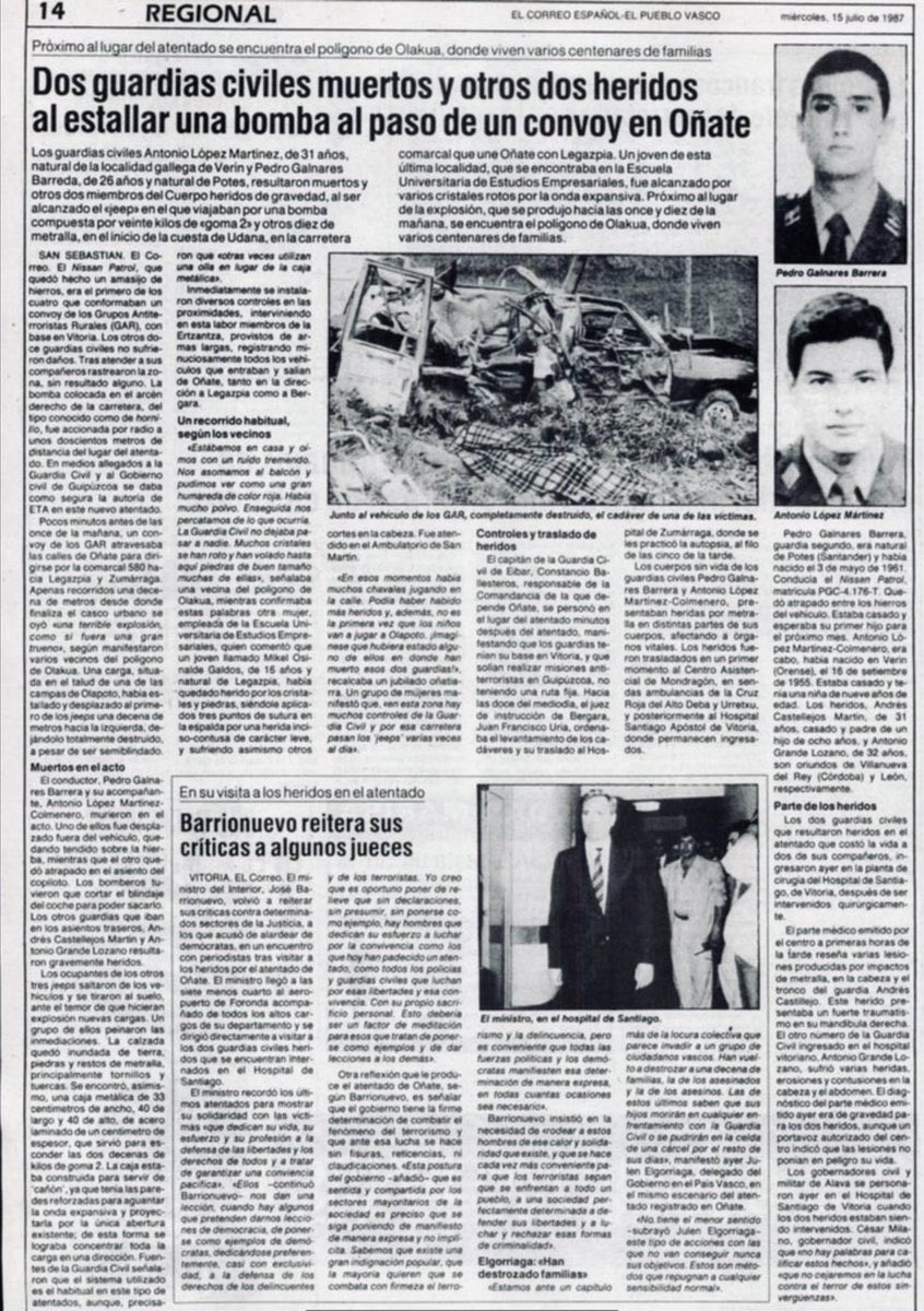 Consuelo Ordóñez (@consuorf) on Twitter photo #TalDiaComoHoy de 1987 #ETA asesinó en #Oñate a Antonio LÓPEZ y Pedro GALNARES, eran <a href="/guardiacivil/">Guardia Civil</a>. Les tendieron otra emboscada con una bomba al paso del convoy.
La mujer de Pedro estaba a punto de dar a luz, otra hija póstuma más. Antonio dejó una niña huérfana de 9 años 🧵 #TalDiaComoHoy de 1987 #ETA asesinó en #Oñate a Antonio LÓPEZ y Pedro GALNARES, eran <a href="/guardiacivil/">Guardia Civil</a>. Les tendieron otra emboscada con una bomba al paso del convoy.
La mujer de Pedro estaba a punto de dar a luz, otra hija póstuma más. Antonio dejó una niña huérfana de 9 años 🧵
