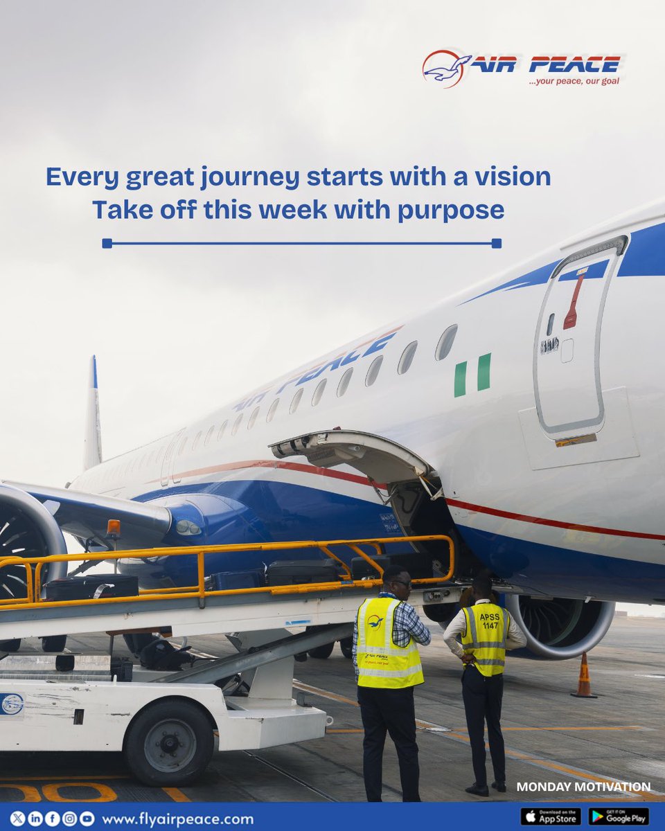 flyairpeace's tweet image. This week, take off with purpose, not just to move, but to arrive at something greater.
Cheers to the new week!
#FlyAirPeace #MondayMotivation #BetterDealWithAirPeace