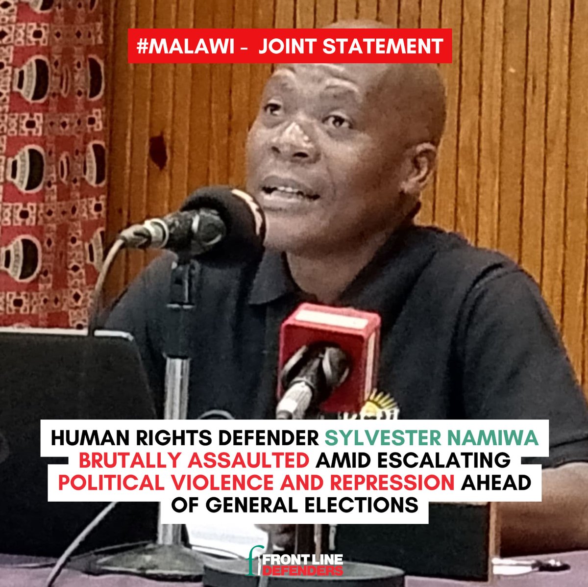 FrontLineHRD's tweet image. 🚨 #Malawi
Front Line Defenders strongly condemns the recent violent attack against HRD Sylvester Namiwa- leaving him with more than fifteen serious injuries across his body.
The Government of Malawi must take immediate and meaningful steps to end the escalating threats against…