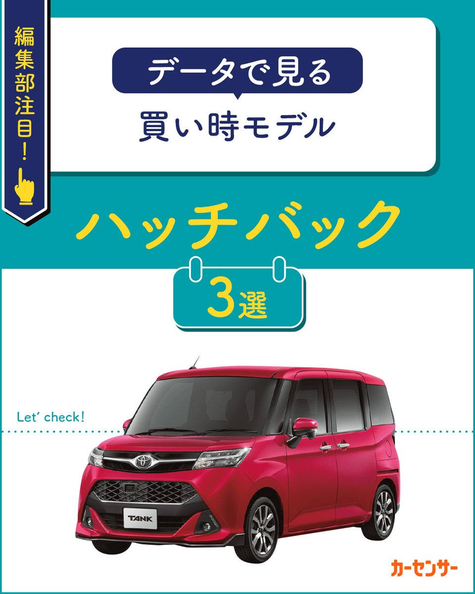 carsensor's tweet image. 【買い時!ハッチバック3選】
今、編集部が注目する買い時モデルをお届け!
編集部おすすめ ハッチバック3選
その1
\価格の上昇気流が止まりお手頃になってきた!/
トヨタ タンク(初代)
その2
\ついに200万円を切る価格に!/
日産 ノート(現行型)
その3…