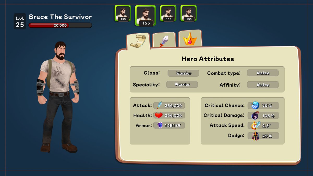 Here's a little sneak peak at what's in the making for #EpicMonsterQuest
This is the Hero's stats and upgrades menu, currently in the making.
#uiux #gamedesign #gamedev #devlog