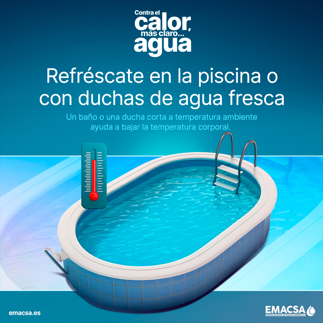 💧 Contra el calor… más claro, agua
Refréscate con duchas o un chapuzón.
🚿 Una ducha corta y fresca ayuda a regular tu temperatura corporal.
📢 Súmate a la campaña.
Porque el agua no solo refresca… también protege. 💙
#EMACSA #AguaDeCórdoba #ContraElCalorMásClaroAgua #Verano25