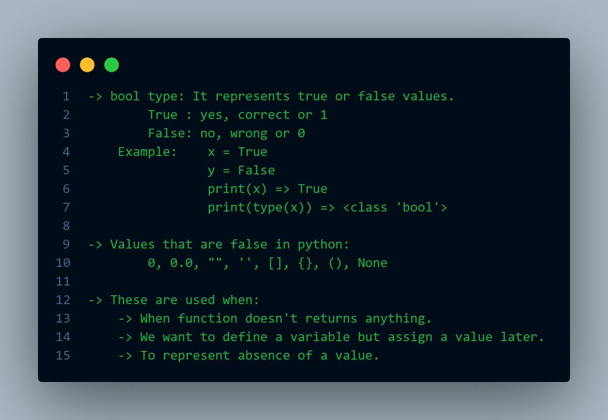 AnshAsthana_'s tweet image. Day 08: Just a friendly reminder from Python: not everything that glitters is True. Sometimes, it&apos;s just None. 😉 Mastering the fundamental bool type!

#PythonProgramming #BooleanLogic #CodingJokes #DeveloperLife #LearnToCode