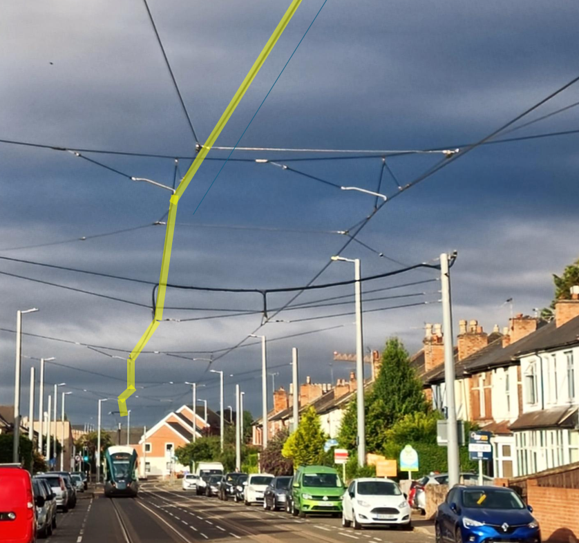 NoelDolphin's tweet image. Normally it is hard to spot “stagger” (where the wire zig-zags slightly from side to side to create even wear on the pantograph). but here on the Nottingham tram, the curve in the road gives you a perfect view. Anyway... this was why I was late back from lunch.