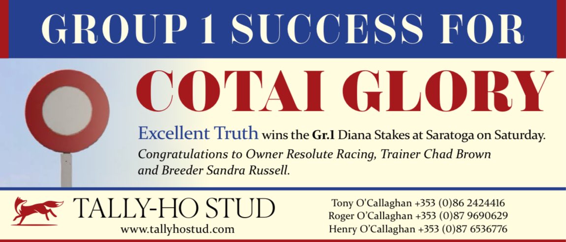 EBN (@bloodstocknews) on Twitter photo Group 1 glory for the progeny of <a href="/HoStud/">Tally-Ho Stud</a>'s COTAI GLORY 💫
🥇EXCELLENT TRUTH wins the Gr.1 Diana Stakes at Saratoga on Saturday. Congratulations to Owner Resolute Racing, Trainer Chad Brown and Breeder Sandra Russell 👏
➡️ tallyhostud.com/cotai-glory Group 1 glory for the progeny of <a href="/HoStud/">Tally-Ho Stud</a>'s COTAI GLORY 💫
🥇EXCELLENT TRUTH wins the Gr.1 Diana Stakes at Saratoga on Saturday. Congratulations to Owner Resolute Racing, Trainer Chad Brown and Breeder Sandra Russell 👏
➡️ tallyhostud.com/cotai-glory