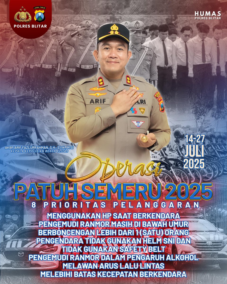 Patuhilah Lalu Lintas. Operasi Patuh Semeru 2025 sudah di mulai. Patuhi aturan serta Rambu rambu lalu lintas.
 
~ call center 110 bebas pulsa atau bisa
~ 0812 2913 2005
~ @arif_fazlurrahman

#polresblitarmenujuWBK
#polresblitarkabupaten
#polripresisi
#polisibaik 
#opspatuhsemeru