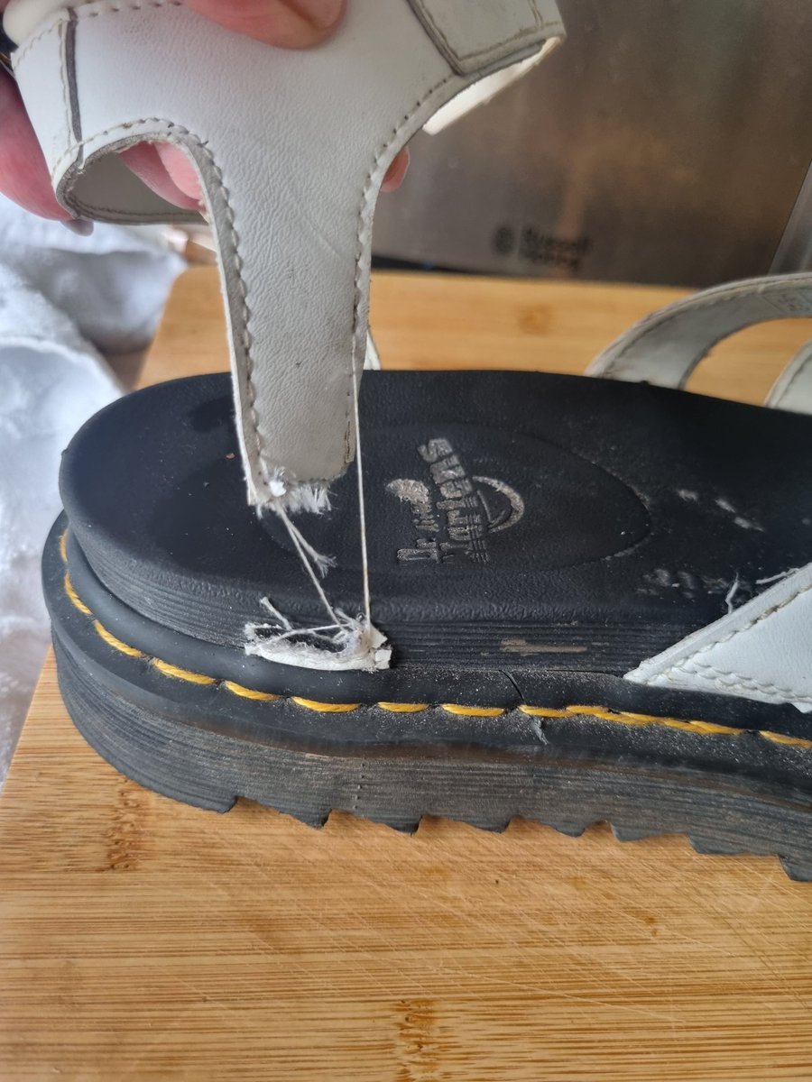 PaulaMxx's tweet photo. @drmartens  I bought these sandals last year.  I live in Scotland, so don't get to wear them much. Took them on holiday to Greece and this happened.  Surely your sandals should last longer? https://t.co/LAWRJO3oXR