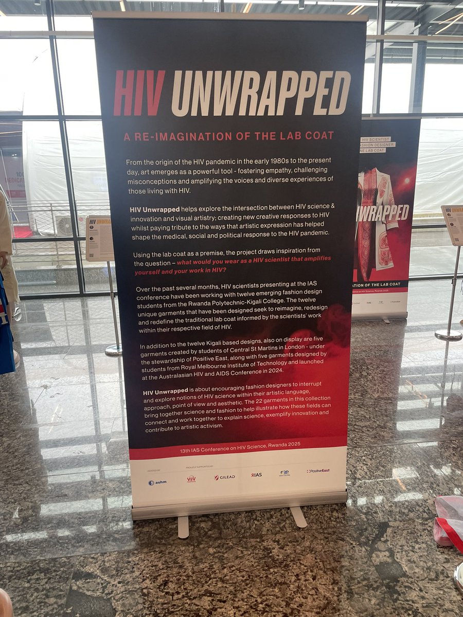 ✨ The #HIVunwrapped exhibit is open at #IAS2025! 

This global project reimagines the lab coat through the lens of #HIV science, fashion, and activism — with bold designs from Rwanda, the UK and Australia.   

Come see this special exhibit in #Kigali, #Rwanda from 14-17 July!
