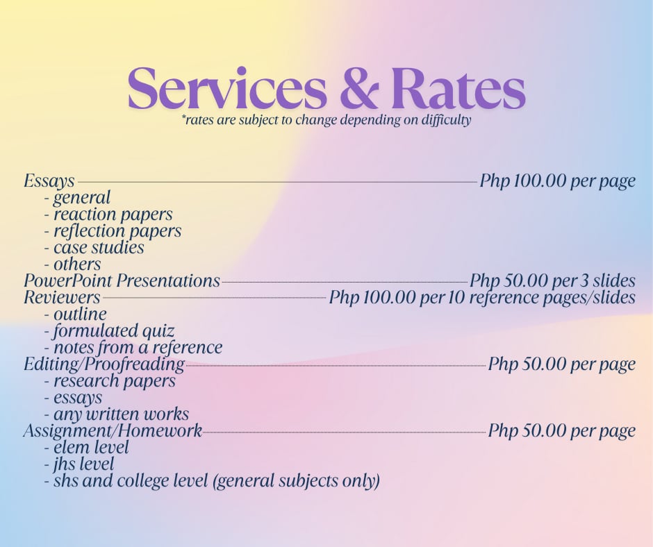 fsbs_acadcomms's tweet image. Need academic backup? 👩‍🏫
We&apos;re students helping students with writing, digital tasks, and more. 
Affordable, friendly, and deadline-ready 🫶
DM us and let&apos;s lighten the load!
#academiccommissions
#acadhelpPH
#studyPH
#studytwtPH