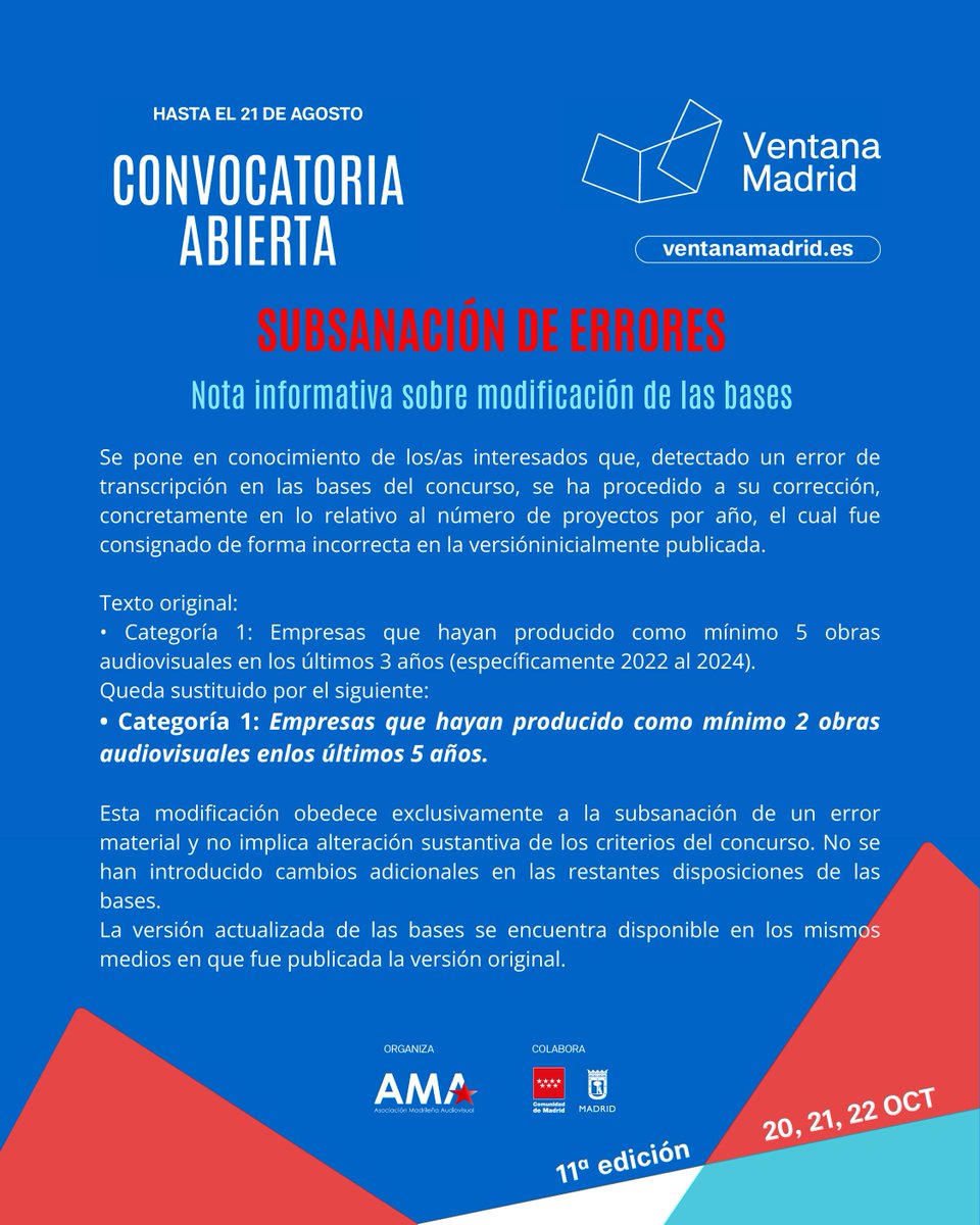 🔴‼️ Se pone  en conocimiento de los/as interesados que, detectado un 𝗲𝗿𝗿𝗼𝗿 𝗱𝗲  𝘁𝗿𝗮𝗻𝘀𝗰𝗿𝗶𝗽𝗰𝗶𝗼́𝗻 𝗲𝗻 𝗹𝗮𝘀 𝗯𝗮𝘀𝗲𝘀 𝗱𝗲𝗹  𝗰𝗼𝗻𝗰𝘂𝗿𝘀𝗼, se ha procedido a su corrección, concretamente en lo  relativo al número de proyectos por año, el cual fue