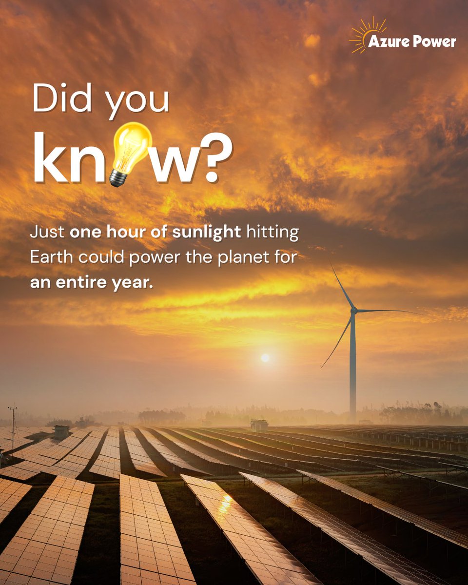 Just one hour of sunlight hitting Earth could power the entire planet for a full year.
At Azure, we believe in tapping this limitless resource to build a truly sustainable tomorrow, where clean energy powers progress every single day.
#DidYouKnow #SolarEnergy #CleanPower
