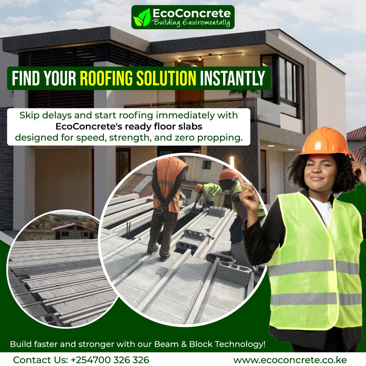 EcoConcrete’s ready floor slab system offers an efficient and reliable solution for roof slabs, eliminating the need for in-situ casting, formwork, or propping. The precast, prestressed beams and infill blocks are delivered ready to install, providing a solid, level, and