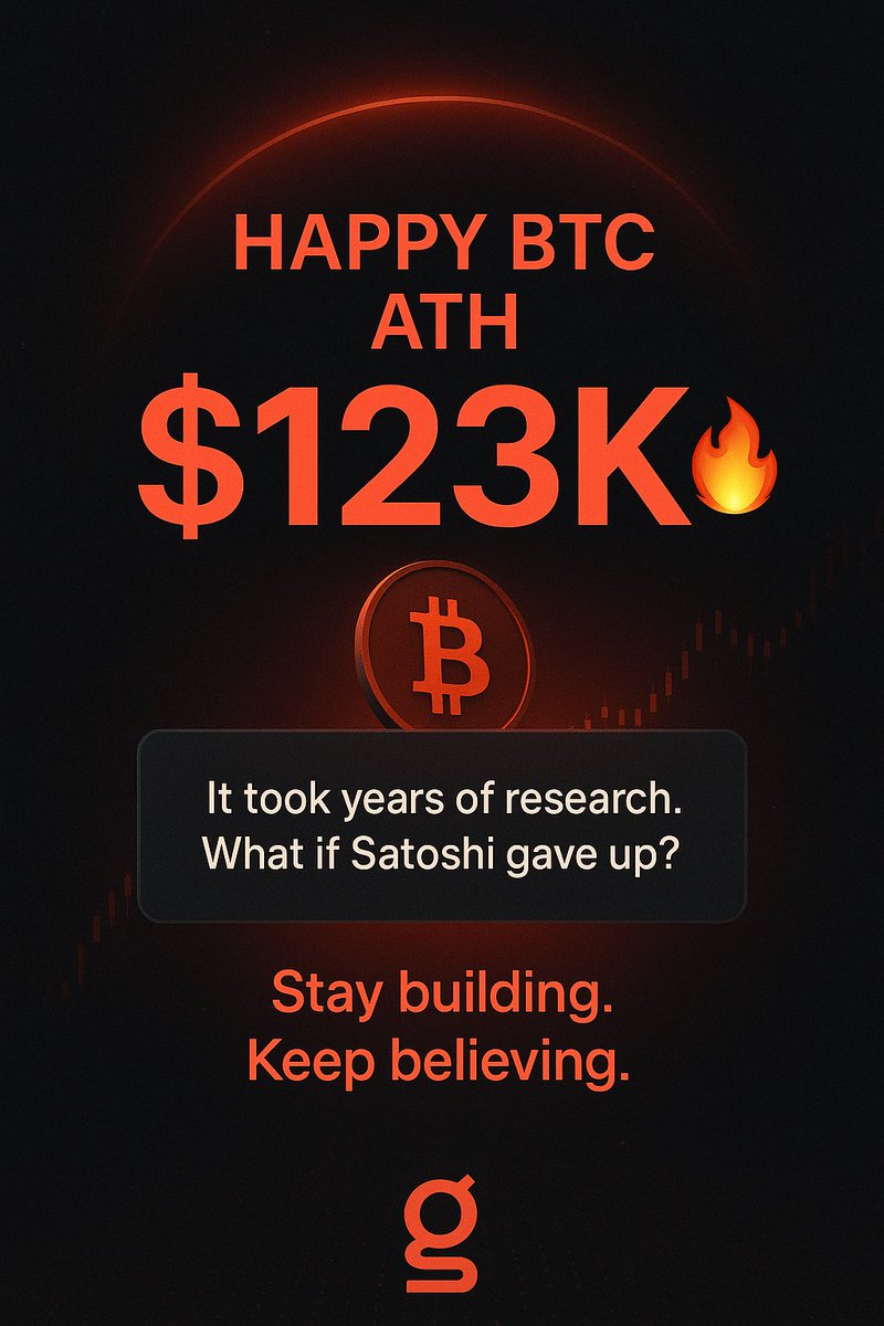 How could I forget to celebrate?
HAPPY $BTC ATH $123K 🔥

Creators, reminder: BTC's success didn’t happen overnight.
It took years of research.
Imagine Satoshi gave up?
No countries buying BTC for reserves.
No corporations chasing the wave.
No ATH today.

Stay building. Keep