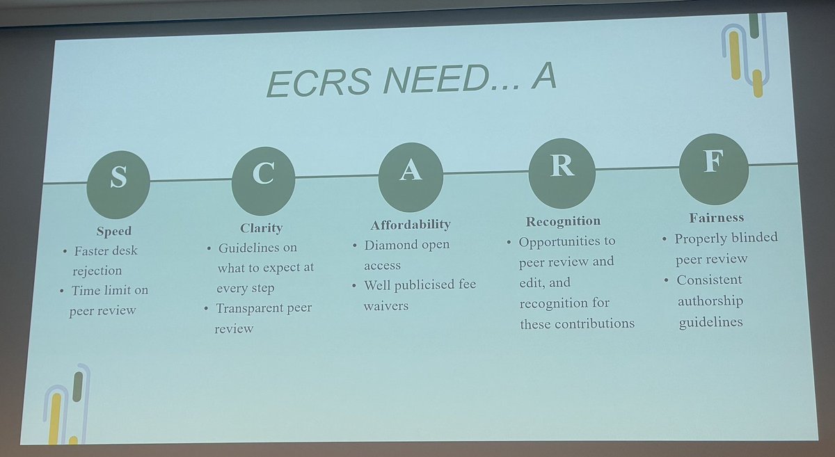 <a href="/royalsociety/">The Royal Society</a> <a href="/AileenFyfe/">Aileen Fyfe @aileenfyfe.bsky.social</a> <a href="/Bill_Sutherland/">Bill Sutherland</a> Next: <a href="/sophiemeekings/">Dr Sophie Meekings (she/her)</a> 
Early career researchers are new, on short-term contracts (need fast publishing decisions), dependent on someone else's grant money (financial constraints). ECRS need ... a SCARF (speed, clarify, affordability, recognition, fairness).
#FutureSciPub