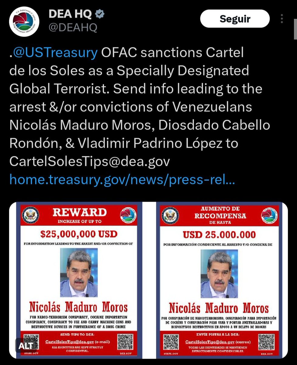 ¡DIFUNDELO YA! (@difundeloya) on Twitter photo 🚨 ¡ÚLTIMA HORA VENEZUELA! 🚨🇻🇪
La DEA acaba de publicar:
Envíe información que conduzca al arresto y/o condena de los venezolanos <a href="/NicolasMaduro/">Nicolás Maduro</a>, <a href="/dcabellor/">Diosdado Cabello R</a> y <a href="/vladimirpadrino/">Vladimir Padrino L.</a> a CartelSolesTips@dea.gov 🚨 ¡ÚLTIMA HORA VENEZUELA! 🚨🇻🇪
La DEA acaba de publicar:
Envíe información que conduzca al arresto y/o condena de los venezolanos <a href="/NicolasMaduro/">Nicolás Maduro</a>, <a href="/dcabellor/">Diosdado Cabello R</a> y <a href="/vladimirpadrino/">Vladimir Padrino L.</a> a CartelSolesTips@dea.gov