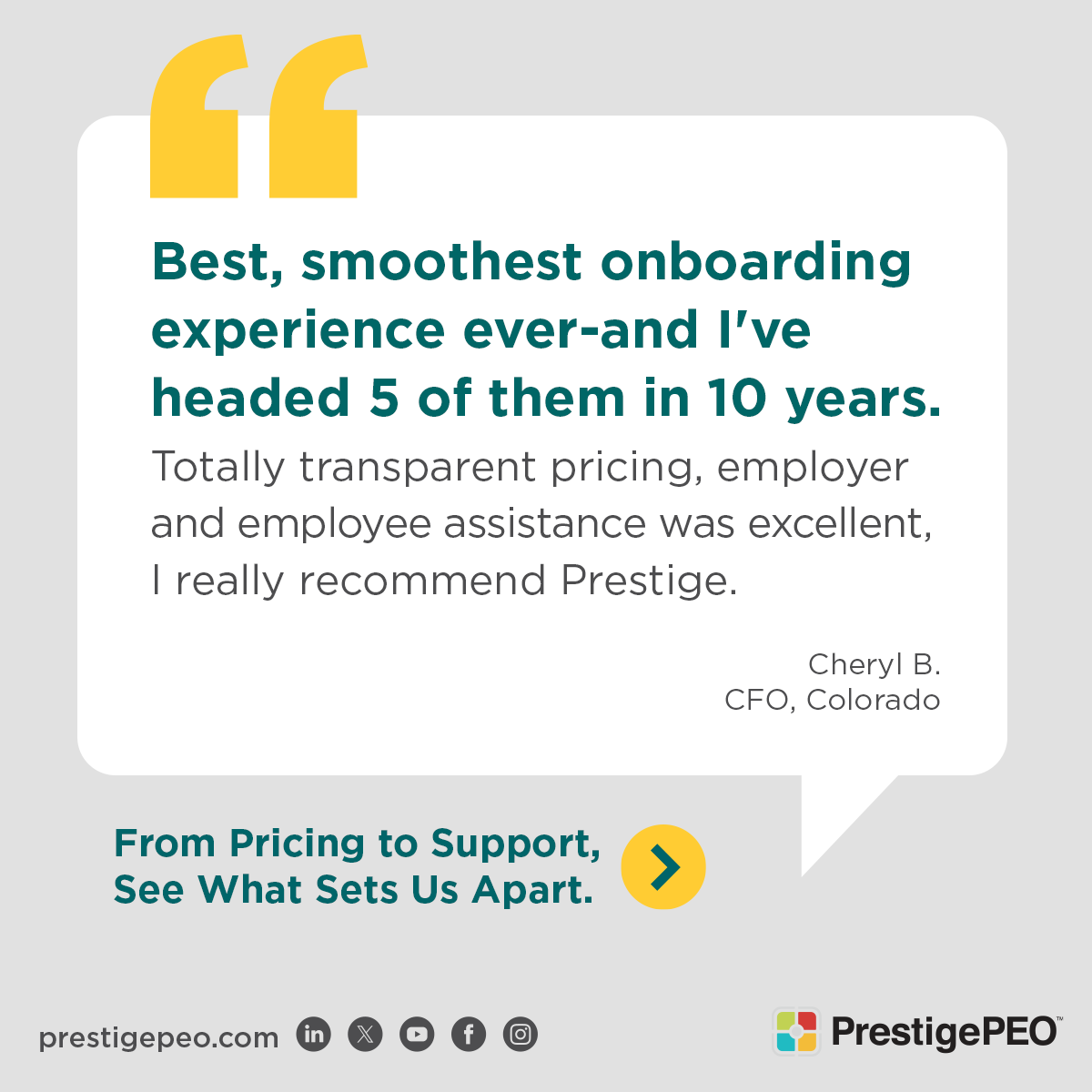 PrestigePEO's tweet image. “Best, smoothest onboarding experience ever...and I’ve headed 5 of them in 10 years.”
Cheryl B., CFO, from Colorado, shares why she recommends PrestigePEO.
Learn why small and mid-sized businesses choose PrestigePEO! bit.ly/3IJ5iPH