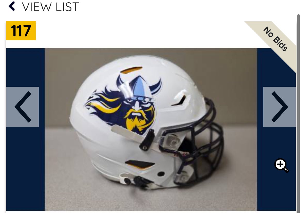 New football helmet for <a href="/AugieFB/">Augustana Football</a> in 2025. Photo from team golf tournament auction. When was the last game the Vikings played without a gold helmet? 
White helmet, blue top, and white pants will be a nice combo for home games!!