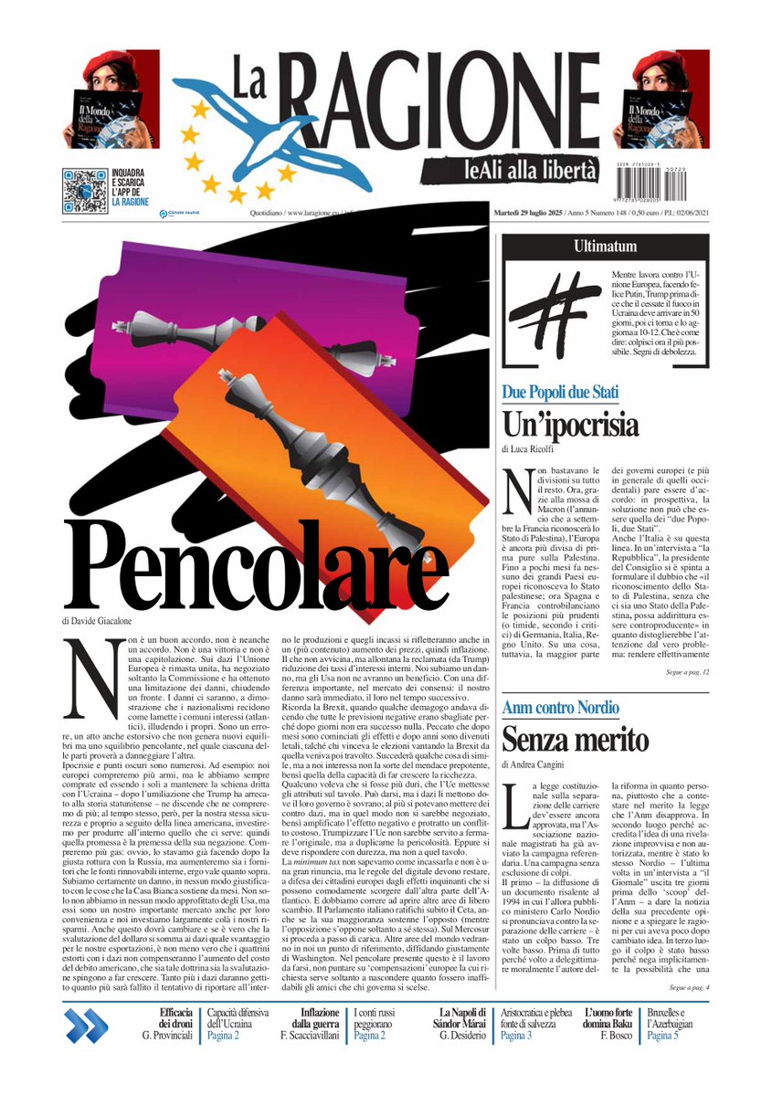 Su #LaRagione di oggi, martedì #29luglio: #Dazi, quello fra l'Ue e gli Usa non è un buon accordo, non è neanche un accordo; I numeri del melodramma sulla scena, domina L'#Arena; #Spazio La Cina ha problemi spaziali, Pechino non riesce a competere con SpaceX.

#laprima