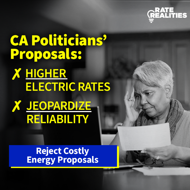 RateRealities's tweet photo. California state politicians say they want to lower electricity costs. But they’re proposing hundreds of pages of complex and risky legislation that would raise your electricity bill even more while jeopardizing system reliability.