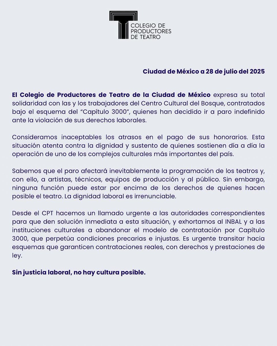 El Colegio de Productores se pronuncia en apoyo a los trabajadores del Centro Cultural del Bosque que han decidido irse a paro.