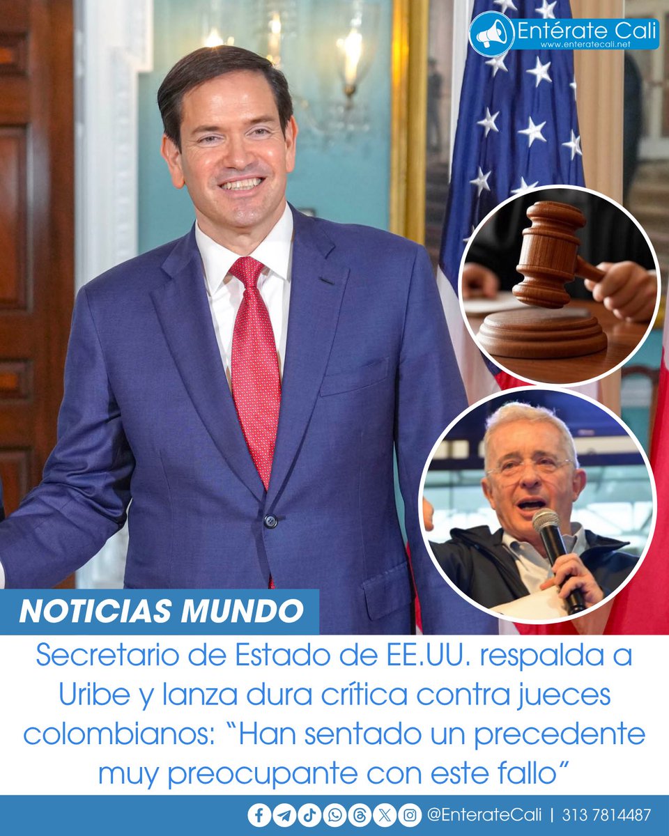EnterateCali's tweet image. 🇺🇸 Secretario de Estado de EE.UU. respalda a Uribe y lanza fuerte crítica a jueces colombianos ⚖️🇨🇴
El secretario de Estado de los Estados Unidos publicó un mensaje en el que expresa su respaldo al expresidente Álvaro Uribe Vélez, tras el reciente fallo judicial en su contra.…