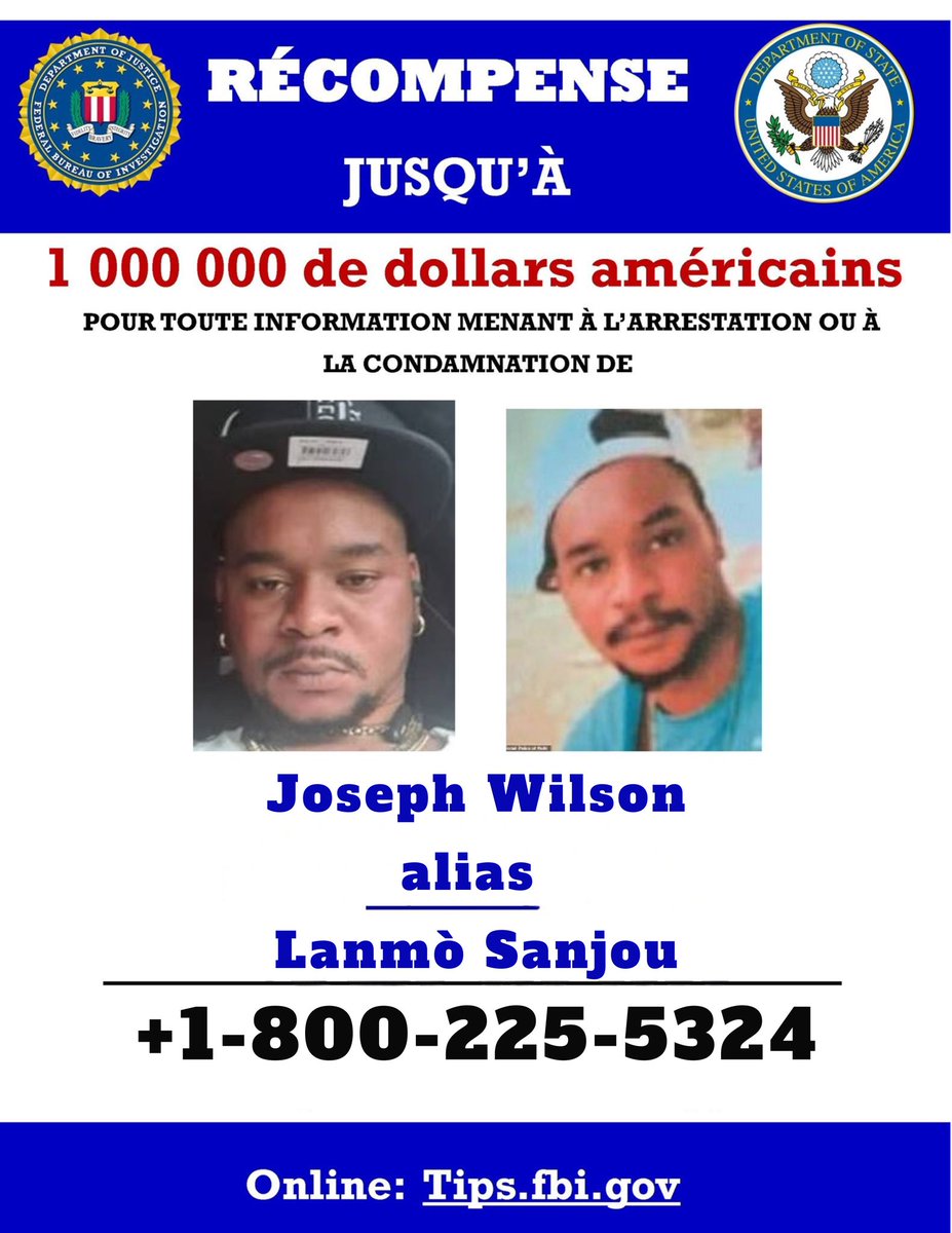 #Repost: Pa kite gang teworis yo ki kontinye ap fè ravaj ann Ayiti yo twonpe w. Ede nou arete teworis Joseph Wilson, ki gen pou tinon jwèt « Lanmò San Jou, » chèf gang 400 Mawozo a!
 
⚠️ Li akize de :
• Kidnapin
• Zak Asasinay
• Ekstòsyon
• Zak teworis
 
📞 Ou gen enfòmasyon