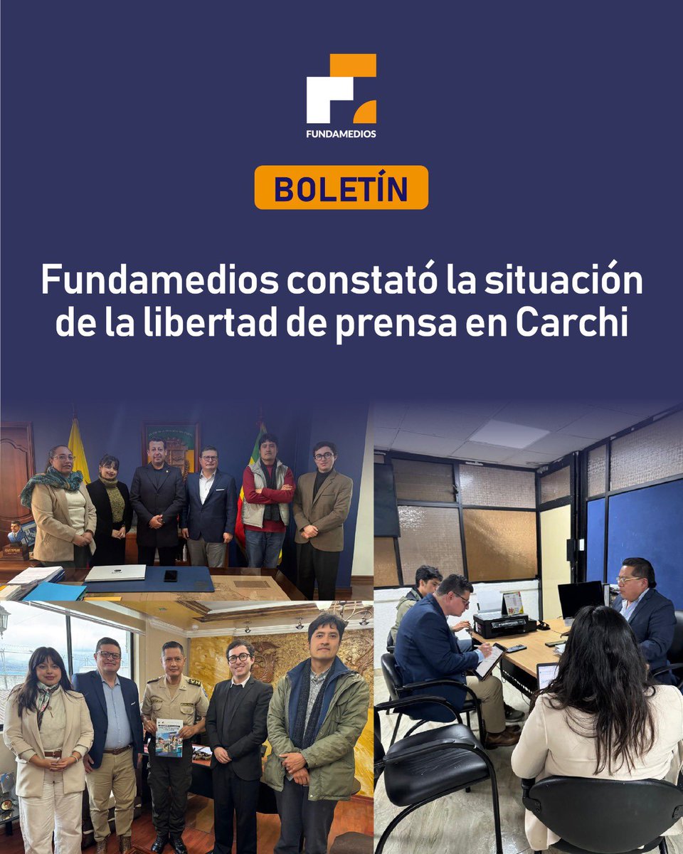 📣 #BOLETÍN | Tulcán | Fundamedios concluyó una misión institucional en Carchi, tras reunirse con autoridades locales y periodistas. Detectamos 3 ejes críticos: acceso limitado a información, estigmatización a la prensa y discrecionalidad en el trato a medios.

Se plantearon