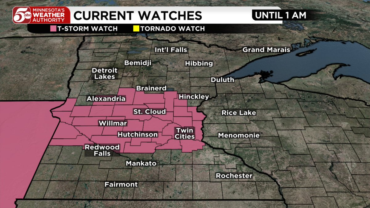A Severe Thunderstorm WATCH has been issued for much of MN, including the Twin Cities &amp; I-94 corridor, until 1 AM.

⛈️ Threats:
Damaging winds
Large hail
Heavy rain
Isolated tornadoes

Stay weather aware tonight. We’ll keep you updated. 🌩️ #mnwx