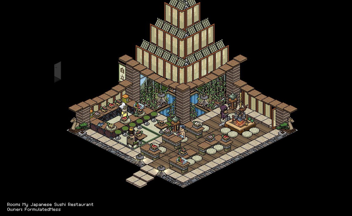 Welcome to the sushi restaurant of your dreams 🇯🇵

Grab a drink or sushi at the bar 🍣
Find yourself a quiet spot for two 👩‍❤️‍👨
Or indulge in a private dining room experience 🎏

All while taking in the calming waters of the koi pond situated in the garden beside 🏯

#HabboOrigins