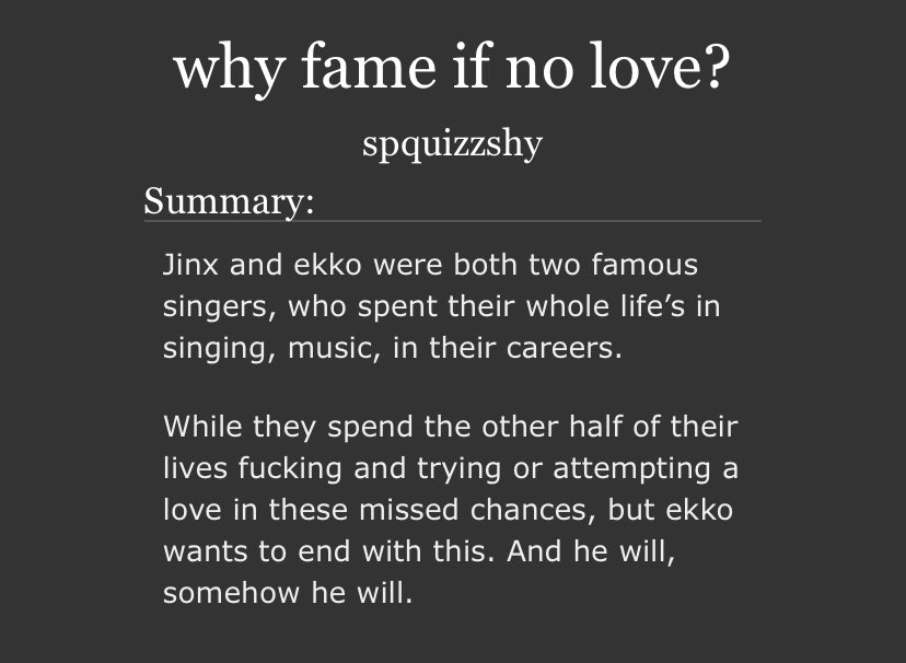 sqytsr's tweet image. why fame if no love?
Jinx and ekko were both two famous singers, who spent their whole life’s in singing, music, in their careers.
But a cycle needs to be broken.
#timebomb #fic #timebombfic
archiveofourown.org/works/68188906