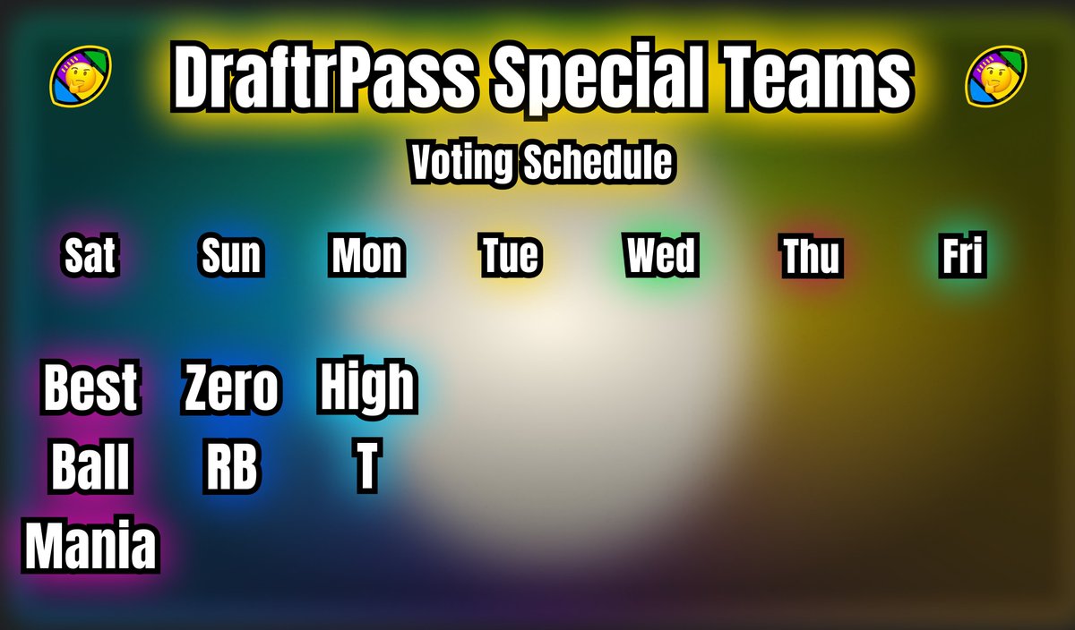DraftrPass's tweet image. Day 3 of DraftrPass Special Teams
Each team in the pool when you go to vote will always be High T teams!
High T = at least 3RBs through the first 5 Rounds
Happy voting!