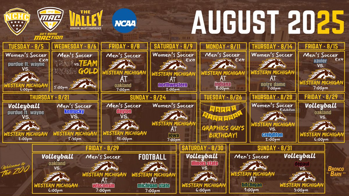 BroncoBarn's tweet image. Get out your calendars! We are 1 WEEK away from the start of the 2025-26 Athletic Season and beginning our 2nd year of Bronco Barn!

#MACtion #TheValleyRunsDeep #NCHCHockey