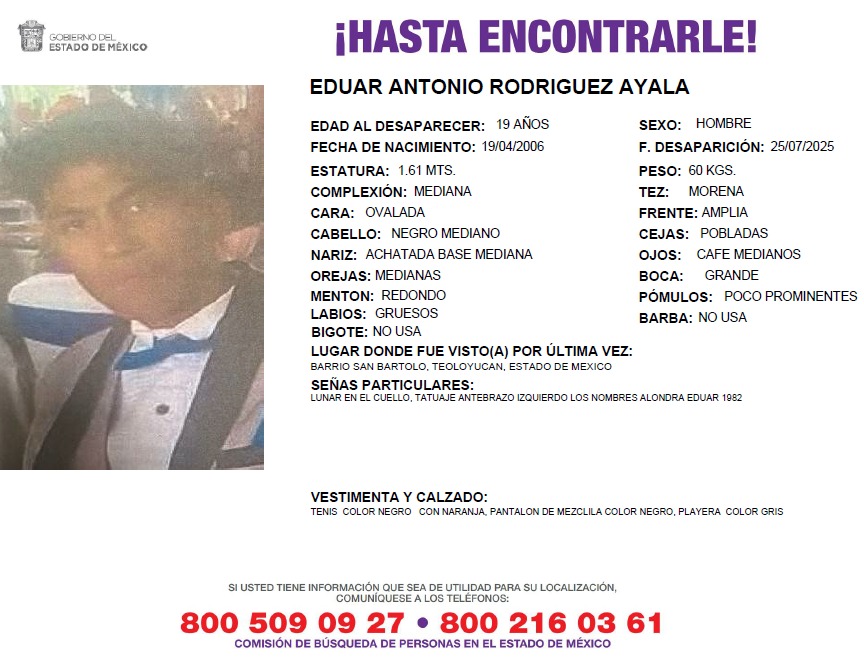Solicitamos de tu apoyo en difusión para dar pronta localización a Eduar Antonio Rodríguez Ayala, comunícate a los teléfonos de COBUPEM 800 216 0361, 800 509 0927. #TodosEnLaBúsqueda