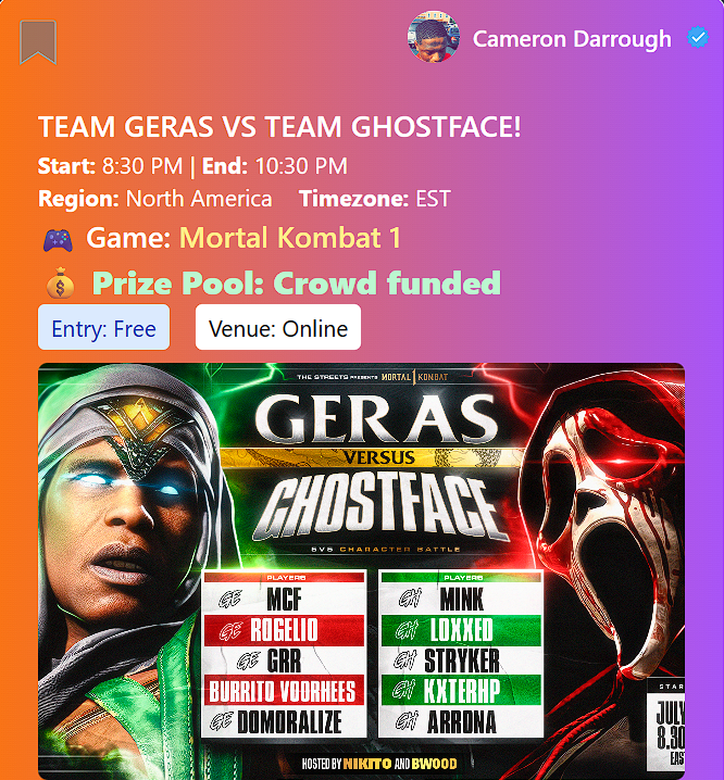 In an era forged by time itself, where no soul could escape the sands of destiny…
One anomaly slipped through.
A ghost.

Tonight — where legends meet — we bring you:
🕰️ Team GERAS vs 👻 Team GHOSTFACE
Mortal Kombat 1 takes center stage.
Hosted by <a href="/Nikito_TheOne/">STG | Nikito</a>  🎬🔥

Featuring