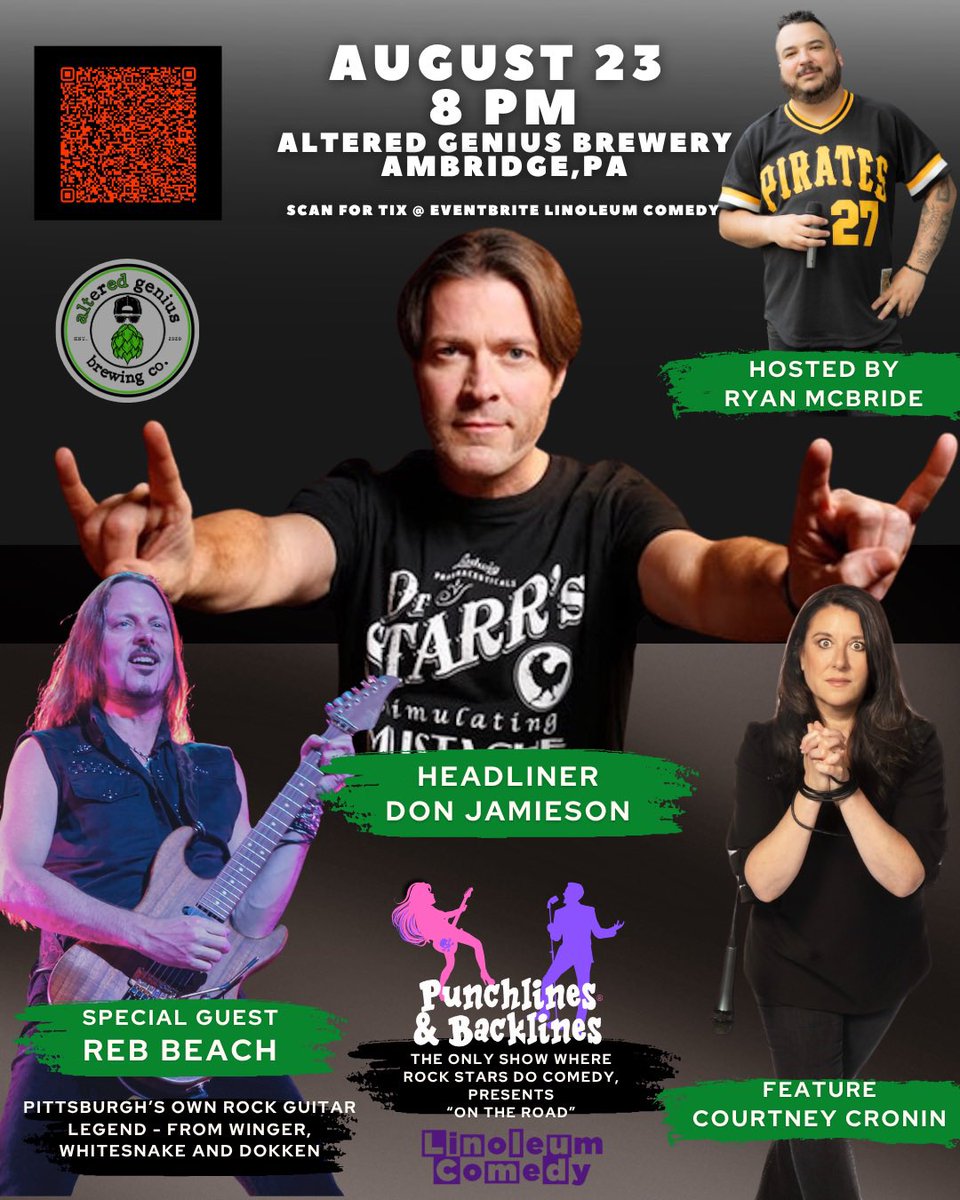 Pittsburgh: Punchlines and Backlines is hitting the road with one of our favorites guitarist, Reb Beach! He's got some wild hilarious stories for you. Courtney &amp; I will do our thing and local fave Ryan McBride will host. Hope to see you there! 🎸💪🏼😀
