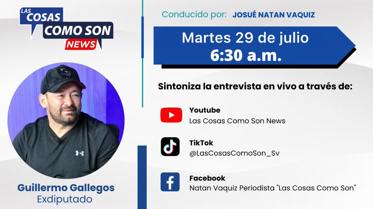 Las Cosas Como Son (@lascosacomoson_) on Twitter photo 📣 Mañana en #LasCosasComoSon, a las 6:30 a.m. 🕡, participará en la entrevista el exdiputado Guillermo Gallegos (<a href="/GGallegos24/">Guillermo Gallegos</a>).
¡No te la pierdas! Sintonízanos a través de nuestras plataformas digitales. 📲 📣 Mañana en #LasCosasComoSon, a las 6:30 a.m. 🕡, participará en la entrevista el exdiputado Guillermo Gallegos (<a href="/GGallegos24/">Guillermo Gallegos</a>).
¡No te la pierdas! Sintonízanos a través de nuestras plataformas digitales. 📲