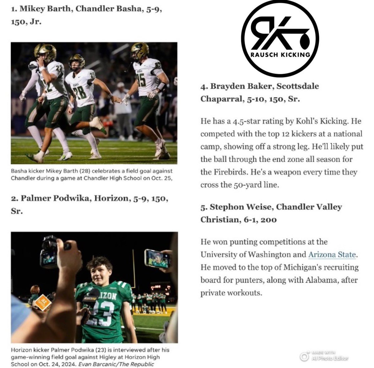Rausch Kicking (@steverausch17) on Twitter photo Congratulations to RK specialists - Top 4 of 5 spots on the pre-season list for the Top kicker/punter in the state!
Great off season work with all our specialists…hays in the barn, time to eat!
<a href="/mikey_barth/">mikey_barth</a> <a href="/PodwikaPalmer/">Palmer Podwika</a> <a href="/BBaker2026/">Brayden Baker</a> <a href="/stephonweise/">Stephon Weise</a> Congratulations to RK specialists - Top 4 of 5 spots on the pre-season list for the Top kicker/punter in the state!
Great off season work with all our specialists…hays in the barn, time to eat!
<a href="/mikey_barth/">mikey_barth</a> <a href="/PodwikaPalmer/">Palmer Podwika</a> <a href="/BBaker2026/">Brayden Baker</a> <a href="/stephonweise/">Stephon Weise</a>